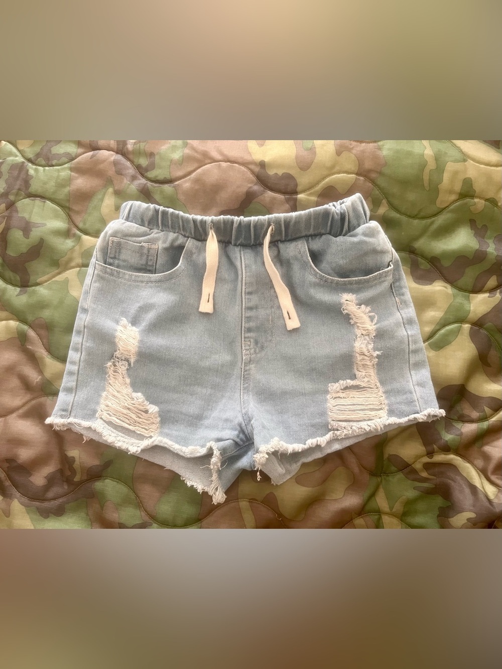 SHEIN Light Blue Distressed Drawstring Denim Shorts